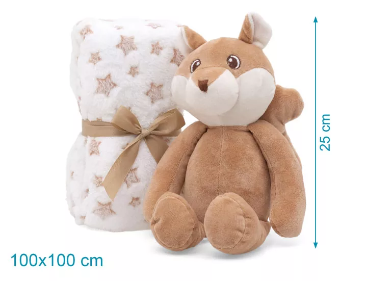 Ardilla de peluche marrón con mantita de estrellas